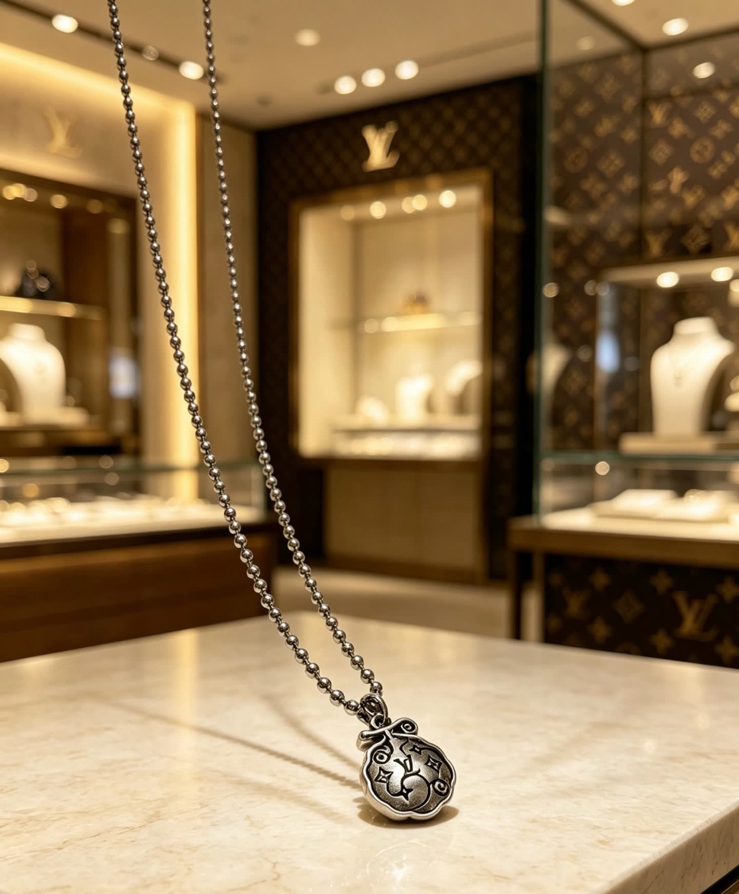Louis Vuitton Silver Beaded Necklace with Round Pendant